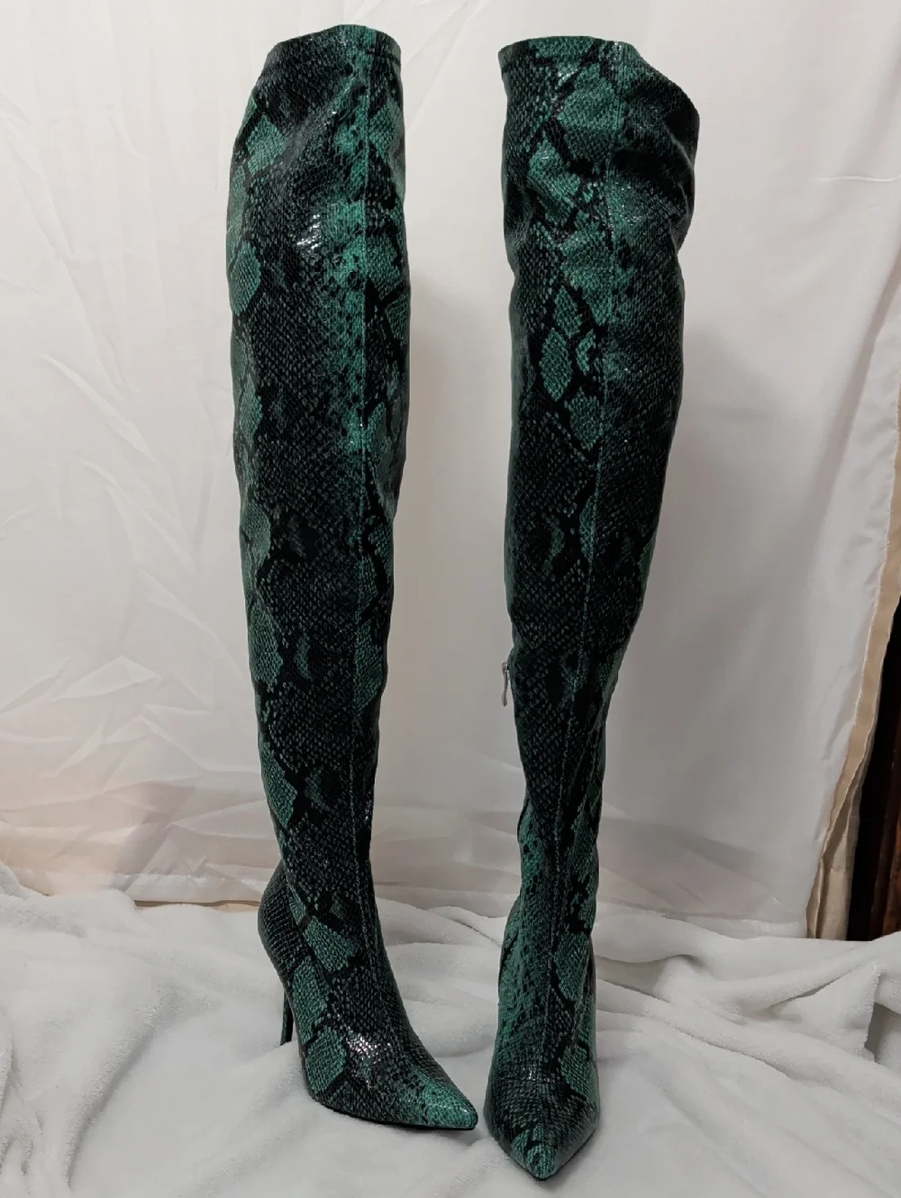 Green Snake-Print Thigh High Heeled Boots - Picture 1 of 12